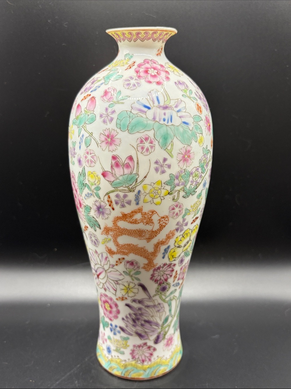 Vintage Stamped Millefleurs Thousand Flowers Dragon Hand Painted Porcelain Vase